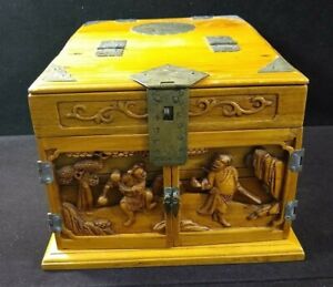  Antique Asian Geisha Makeup Vanity Hand Carved Wood Jewelry Box