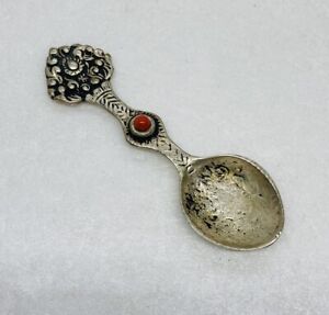 Rare Handmade Tibetan Medicine Spoon Ornate Hand Red Ruby Inlay 4 Art Decor 7