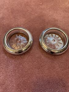  2 Frank M Whiting Sterling Silver Pressed Glass Wine Bottle Coasters C1940