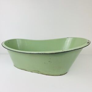 Vtg Enamel Ware Basin Wash Tub Bowl 36 Green Baby Bath Drain Hole Flower Bed