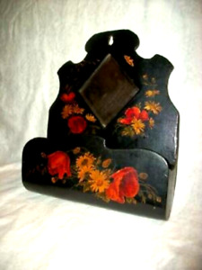 Victorian Germany Paper Mache Comb Candle Box Beveled Mirror Decoupage Poppies