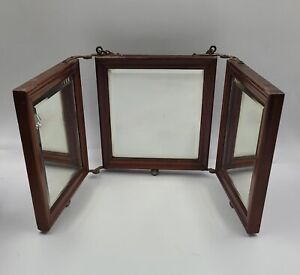 Antique Tri Fold Beveled Mirror Wood Frame Leather Backing Wall Or Vanity Top
