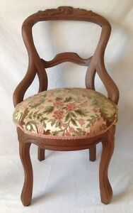 Antique Victorian Carved Balloon Back Chair Walnut W Chenille Upholstered Seat