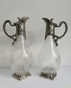 Pair Antique Vintage Silver Plated Crystal Glass Claret Jug Pitcher