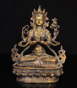 8 Old Tibet Buddhism Bronze Gilt 4 Arms Tara Kwan Yin Guanyin Buddha Statue
