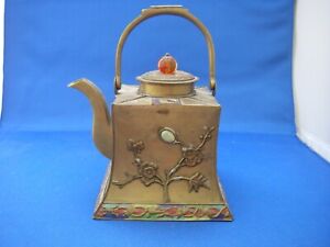 Unusual Vintage Chinese Enamel Brass Teapot Applied Flowers Stones Nr