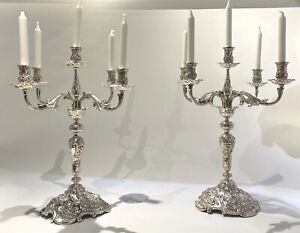 Pair Of Tiffany Co Sterling Silver 5 Light Monumental Repousse Candelabra