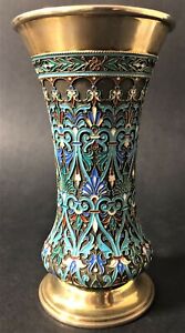 Antique Imperial Russian 88 Enameled Gilded Silver Vase 6th Artel 