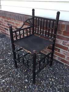 Antique Victorian English Bobbin Corner Dressing Chair Bamboo Painted Black