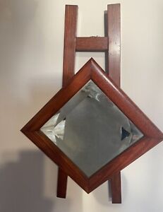 Antique Beveled Glass Mirror Easel Shape Cherry Wood Frame Rare Find
