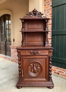 Antique French Hunt Cabinet Bookcase Black Forest Carved Oak Barley Twist 19th C