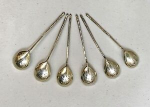 Set Of 6 Russian Silver 84 Gold Gilt 1881 Etched Tea Coffe Spoons Hallmarked 81g