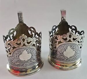 Pair Antique Russian Niello Tea Glass Holders 875 Silver 174g No Glass