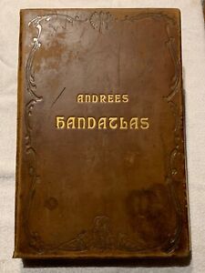 World Atlas Andrees Handatlas Stunning 1908 Leather Bound 31x46cm For Charity