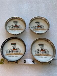 Vintage Set Of 4 Open Front Buggy Milk Glass Coasters With Sterling Silver Rim