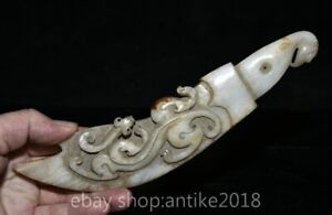 9 2 Old Chinese Dynasty Natural Hetian Jade Carve Dragon Beast Sword Knife