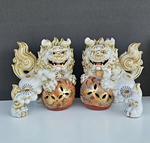 Antique Large Pair Porcelain Figurine Foo Dogs Lions Shishi Kutani Signed