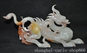 7 China Hetian Jade Ancient Carved Fengshui Wealth Dragon Loong Beast Statue