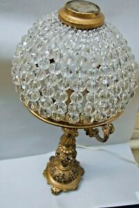 Antique Table Lamp Hand Cut Czech Crystal Beads Shade W Bronze Base 1900 S