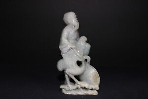 Chinese Pale Green Jadeite Sculpture Of A Fisherman Crane Large Clam