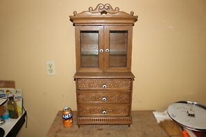 Antique 1900 Ornate Carved Oak Stepback Cupboard Salesman Sample Child S Cabinet