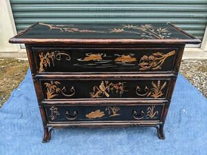Asian Chinese Black Lacquer 3 Drawer Chest Dresser W Rattan Frame Altar Top