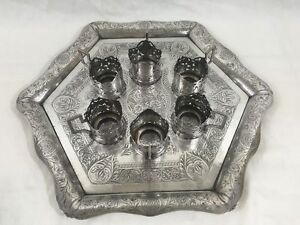 Antique Persian Russian Silver Niello Serving Tray With 6 Teacup Holders