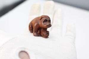 Netsuke Dog And Puppy Japanese Carved Boxwood Signed