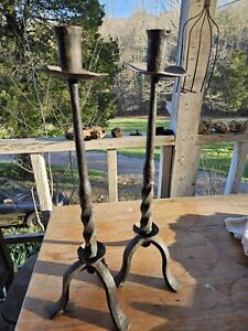 Mid Late 17th Cent Wrought Iron First Settlement Period Pair Tall Candlesticks