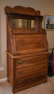 Antique Victorian Oak Drop Front Desk Secretary W Mirror 3 Drawer Chest