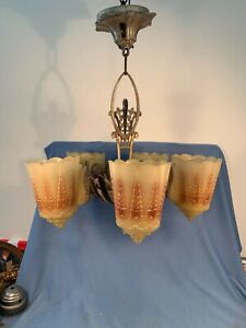 Art Deco Amber To Brown Frosted Slip Shades 5 Light Fixture Theatre 5 Shades