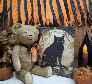 Folk Primitive Vintage Gothic Steampunk Style Halloween Black Cat Vine Tree Sign