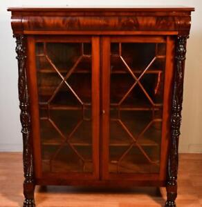 1890s Antique American Empire Carved Mahogany Bookcase China Cabinet