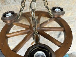 Midcentury Western Wood Brushed Copper Wagon Wheel Ranch Ceiling Light Fixture