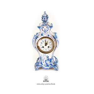 Rare Antique French Blue And White Royal Bonn Delftware Japy Movement Clock