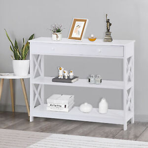 White Finish 3 Tier Console End Narrow Table With Shelves 2 Drawers For Entry