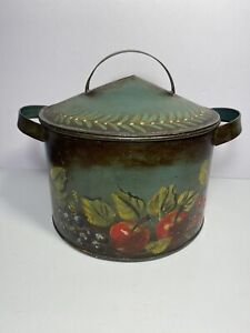 Antique Tin Cannister Large Tole Folk Art Signed Old Unusual Dome Fruit Tin