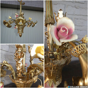 French Bronze Flower Basket Putti Porcelain Chandelier Lamp Rare