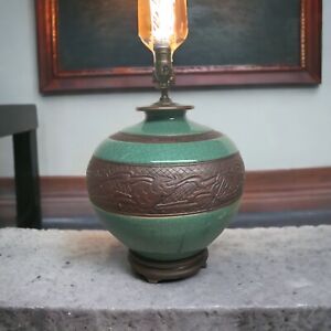 Massive Marked Chinese James Mont Style Vase Crackle Lamp Ru Kiln Celadon