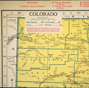 Vintage Colorado Map Railroad Wall Art 1940s Old Original Denver Pueblo