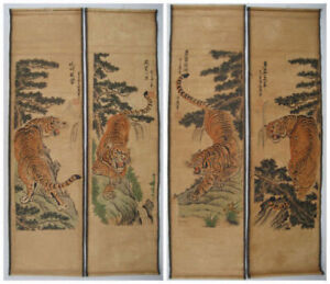 Old Chinese Calligraphy Scroll Painting Hand Painted 4 Tiger Painting Ai0706