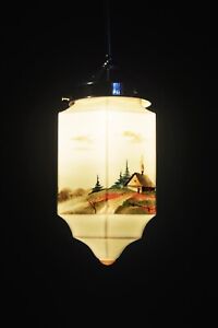 Vintage Art Deco Hand Painted Opaline Glass Pendant Ceiling Light French C 1920s