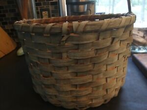 Antique Market Gathering Blue Paint Basket Primitive Oak Ash Splint