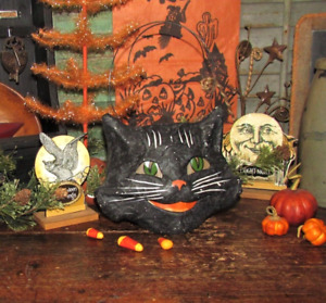 Bethany Lowe Antique Style Halloween Paper Mache Black Cat Jack O Lantern Bucket