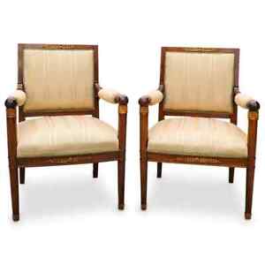 Pair Of French Empire Bronze Mounted Wood Arm Chairs