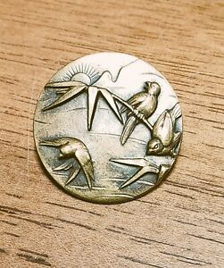 Antique Vintage Beautiful Landscape With Birds And Bamboo Brass Button 1 Inch