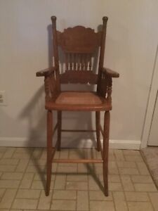 Antique Child S Pressback Oak Caned Seat High Chair