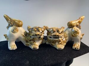 Set Of 2 Vintage Chinese Ceramic Foo Dog Statues Asian Animal Figurine Pair