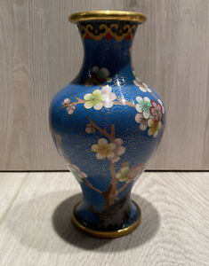 Vintage Chinese Cloisonn Blue Ming Vase Cherry Blossom 6 