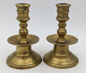 Pair Antique Brass Candlesticks 18th 19th Century